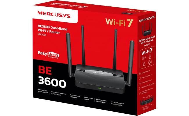 Mercusys MR25BE Router Wi-Fi 7 BE3600Mbps Dual Band, 4 Gigabit Ports, 4 High Gain Antennas, 160MHz Channels, 4K-QAM, MLO, WPA3 Security, App Control - Black